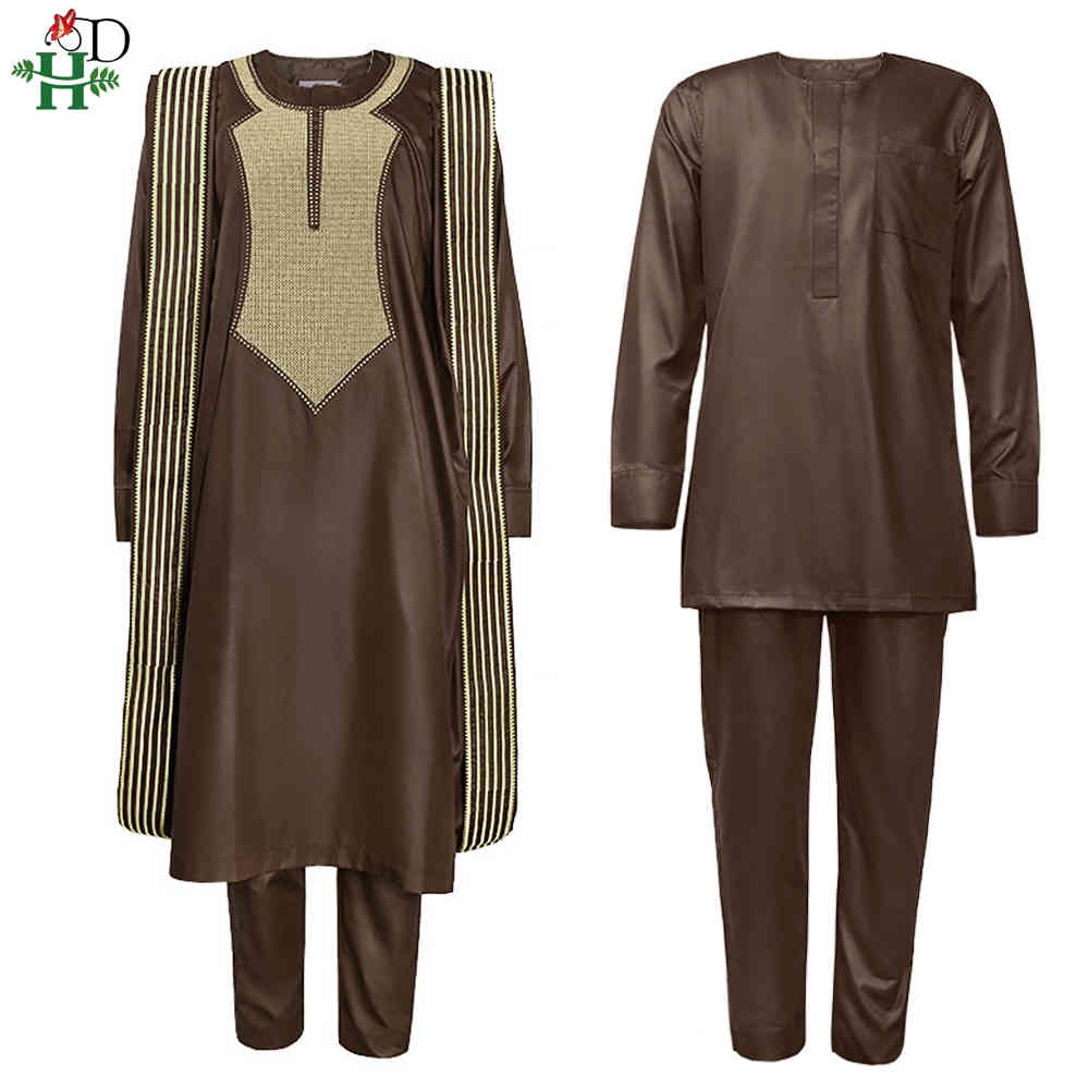 H&D African Agbada Suit For Men Embroidered Robes Dashiki Cover Shirt Pants 3 PCS Set Boubou Africain Homme Musulman Ensembles 210408