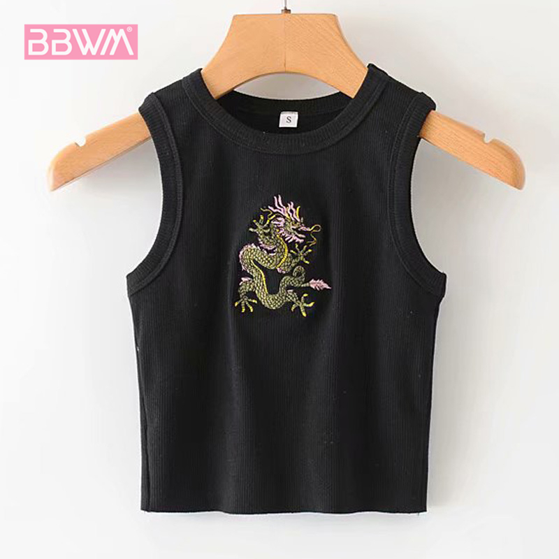 Fashionable Navel Sexy Black Panlong Chic Women's Top Round Neck Embroidered Skinny Ribbed Sleeveless Female T-shirt 210507