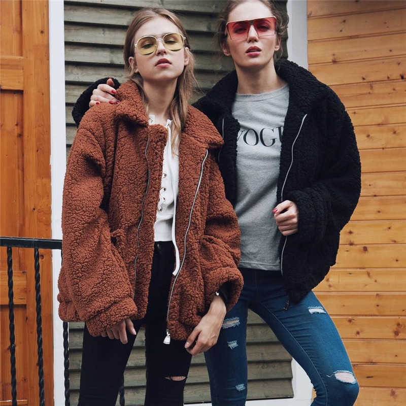 Elegant Faux Fur Coat Women Autumn Winter Thick Warm Soft Fleece Jacket Female Pocket Zipper Overcoat Bear Teddy Coat 3XL 211019