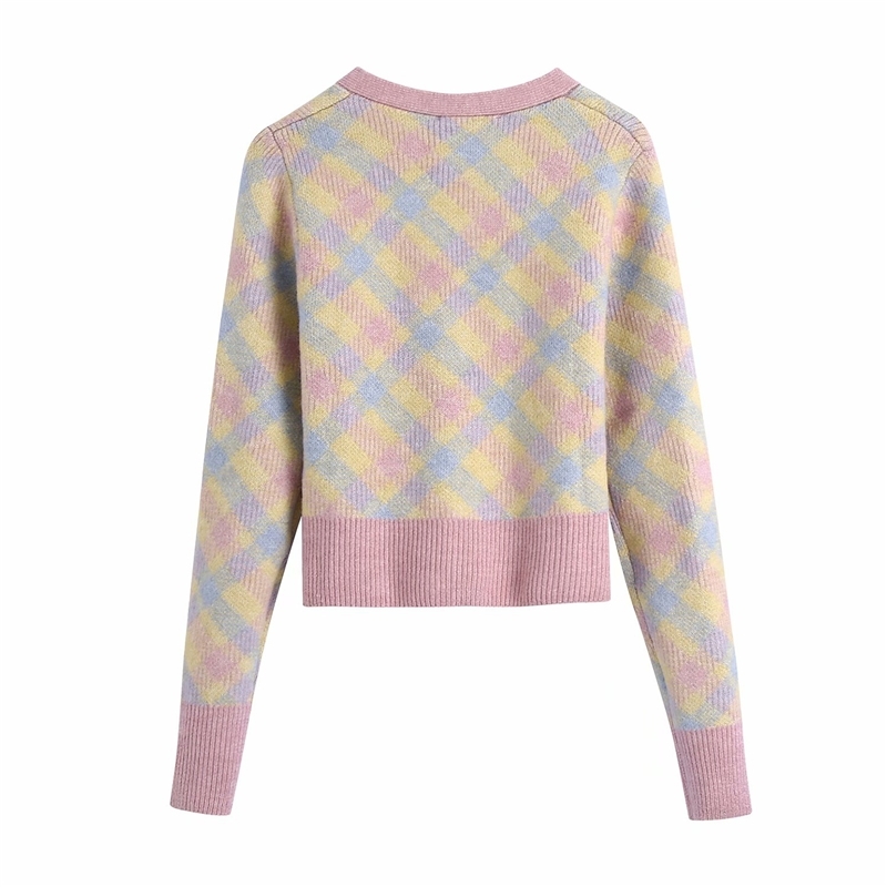 Streetwear Women Rhombus Plaid Sweaters Fashion Ladies Diamonds Button Coats Elegant Female Chic Knitted Cardigan 210430