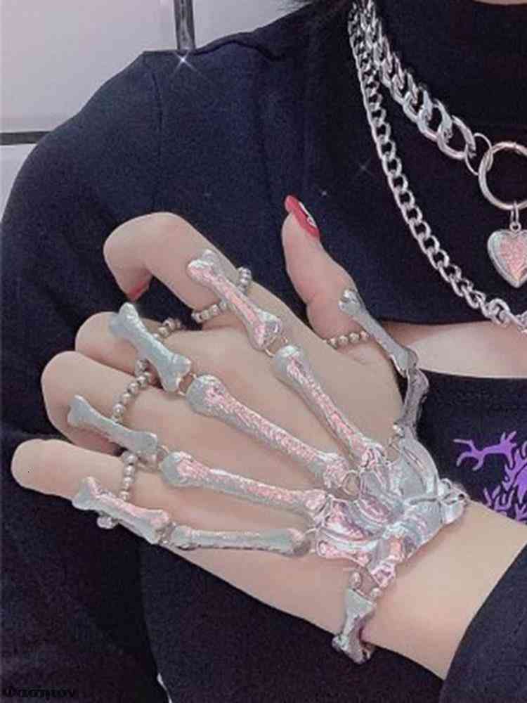 Handmade Halloween Wristband Skull Fingers Metal Skeleton Hand Bracelet with Ring for Women Birthday Gifts