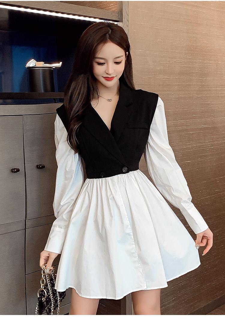 Casual Dresses 2021 Autumn French Niche Plaid A-line Waist Contrast Stitching Suit Collar Dress Long Sleeve Fashion Women