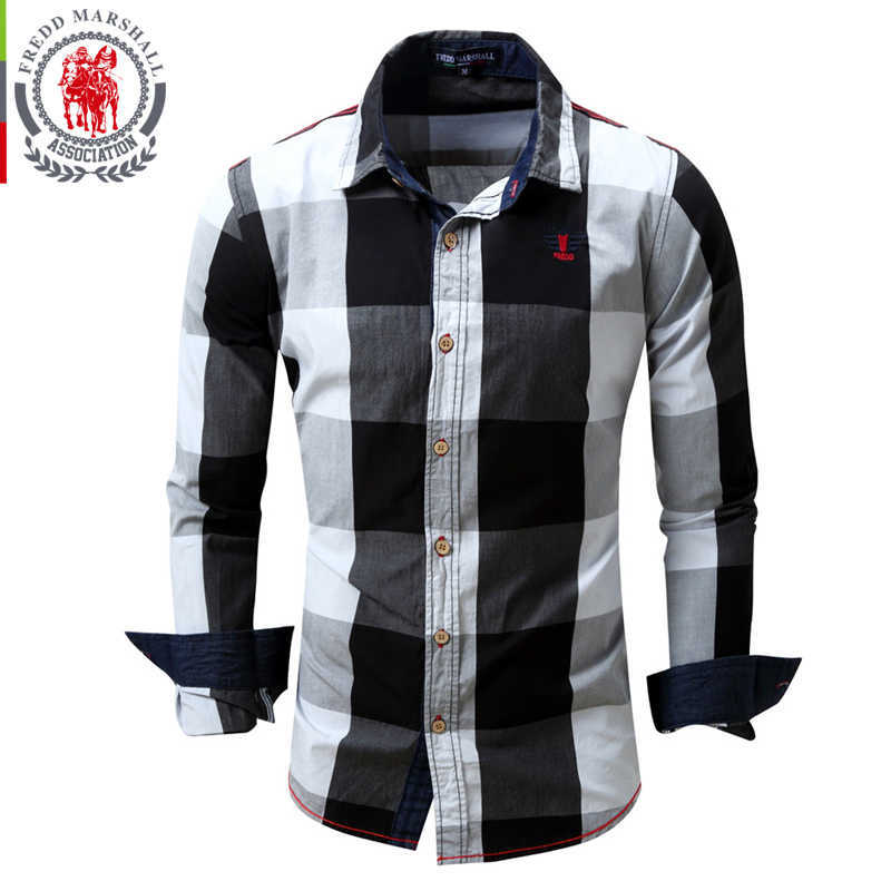 FREDD MARSHALL Plaid Shirt Men Shirts Men Dress Long Sleeves Pure Cotton Camisa Masculina Casual Mens Shirts Para Hombre FM099 210527