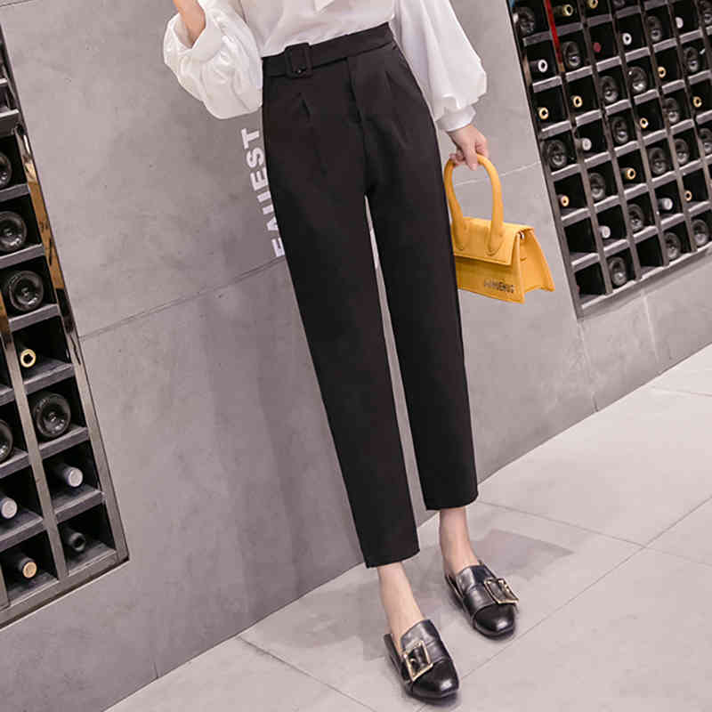 Spring Autumn Casual Suit Women's Workwear Solid High Waist Straight Pants Capris Trousers Black Apricot B11310P 210416