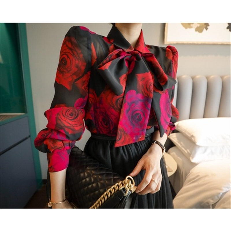 Korea Women Fashion Bowknot Chiffon Blouse Long-sleeved Rose Printed Blouses OL Work Wear Casual Shirt Blusas 210519