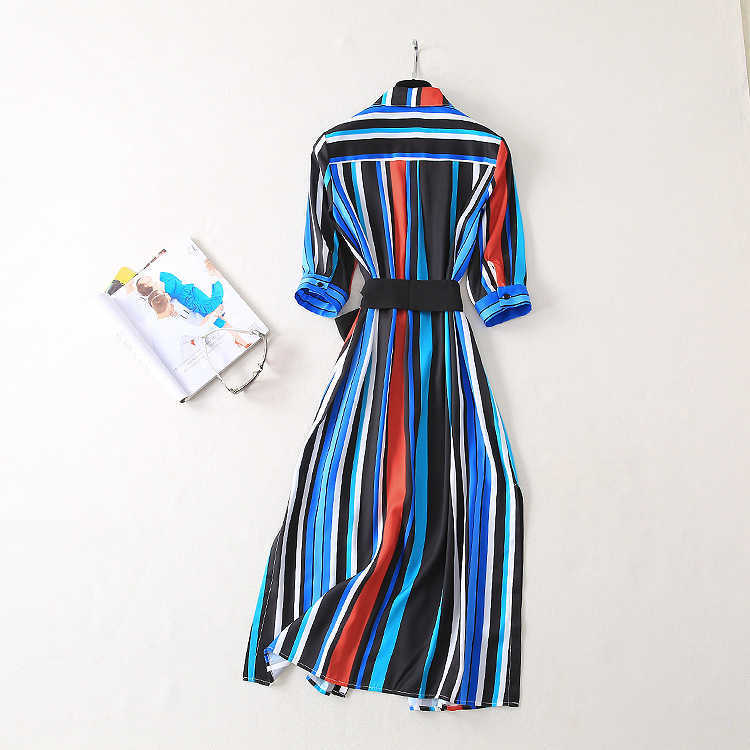 Vintage Fashion Fit and Flare Multi-Color Stripe Printed Loose-Fit Slim Slit Lace-up Bow Dresses 210615Z