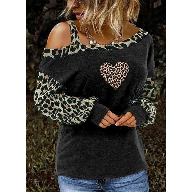 Women's Clothing T-shirts Leopard Valentine's Day Slanted Shoulder Leopard Print Love Long Sleeve T-shirts Top Pullover 210515