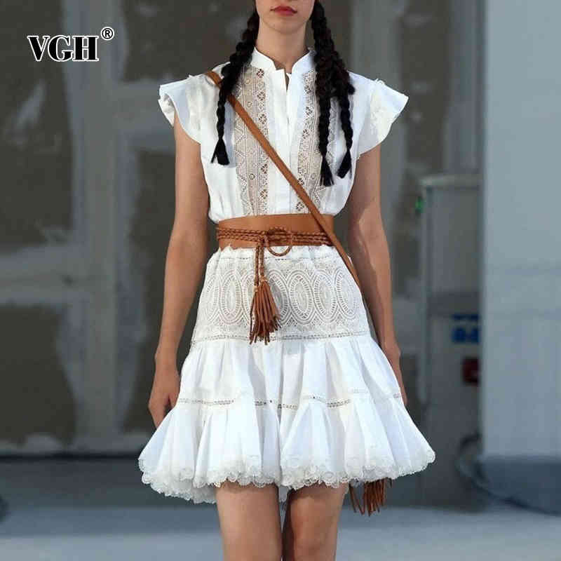 VGH Patchwork Lace White Dress For Women Stand Collar Sleeveless High Waist Sashes Midi Dresses Female Fashion Clothing 210421