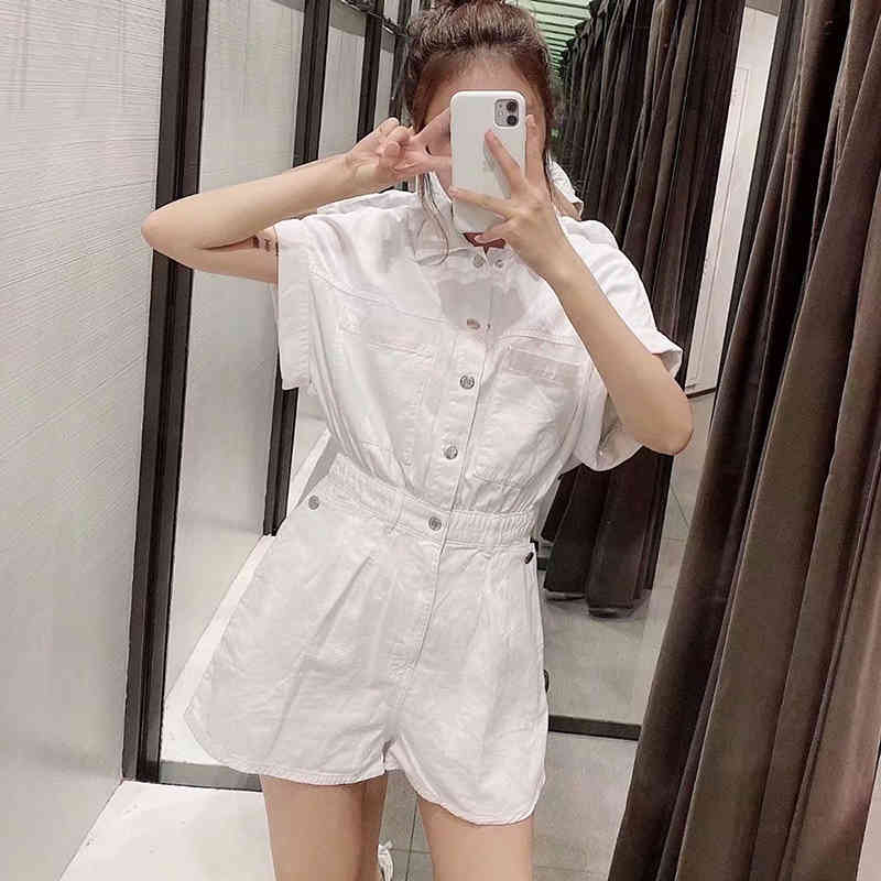 Women Fashion Pocket Button Decoration Handsome Denim Jumpsuit Elastic Waist Summer Shorts With Pockets 210521
