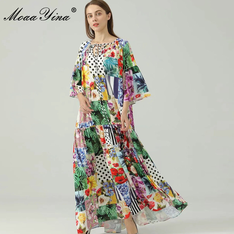 Bohemia Summer Women's Vacation Maxi Dress Loose Matching Flower Print 3/4 sleeve Fashion Long Party 210524