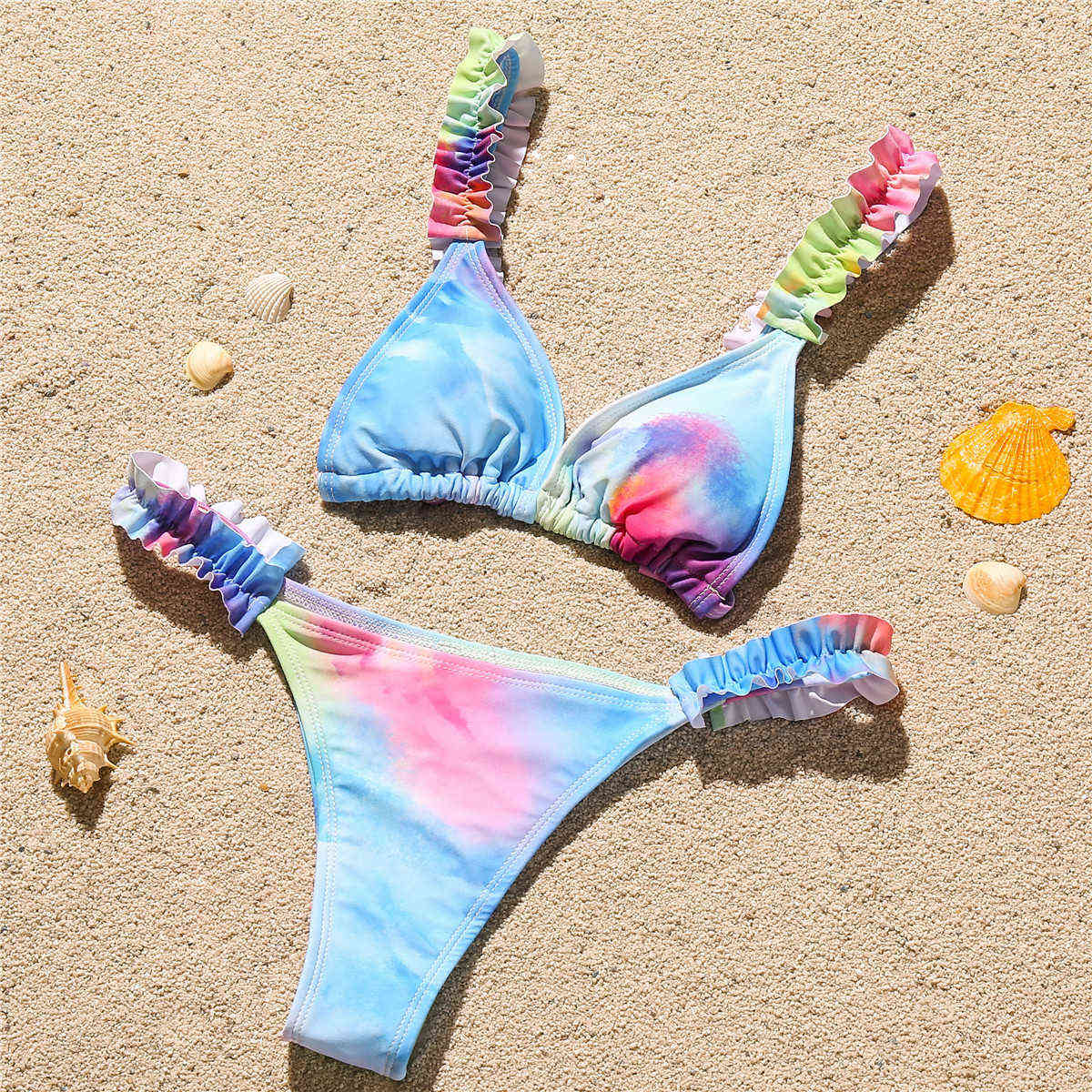 Tie-Dye Ruffle Bikini Set Woman Backless Lace-Up Top Low Waist Push Up Sexy Swimsuit Swimwear Micro Mini Beachwear 210604