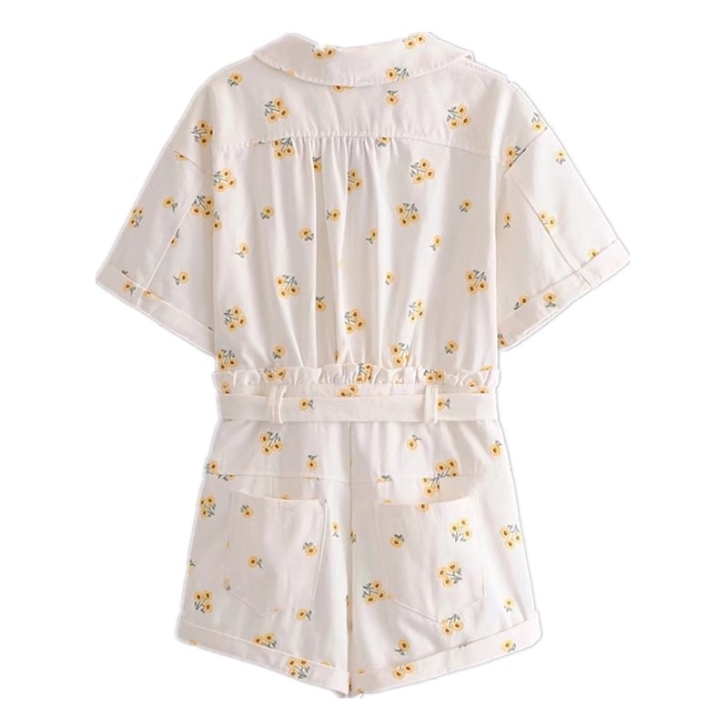 Notched V neck Embroidery Daisy Flower Bodysuits Women Tie Bow Waist Short Sleeve Pants Jumpsuit Romper Playsuits 210429