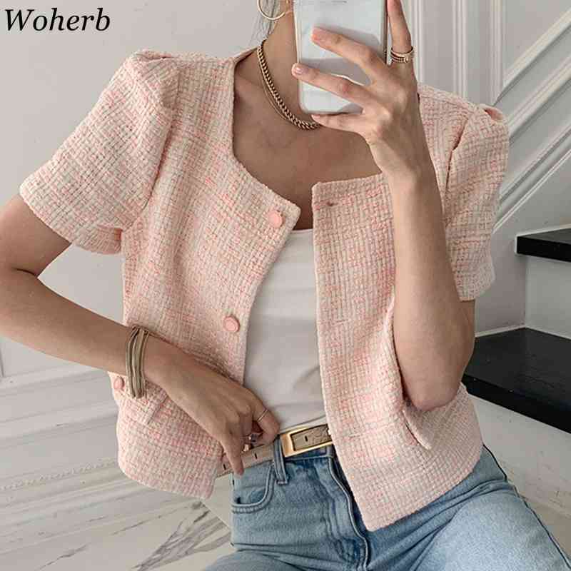 Vintage Women Jackets Summer Korean Chic Short Sleeve Coat Square Collar Casual Tweed Jacket Outwear Femme 210519