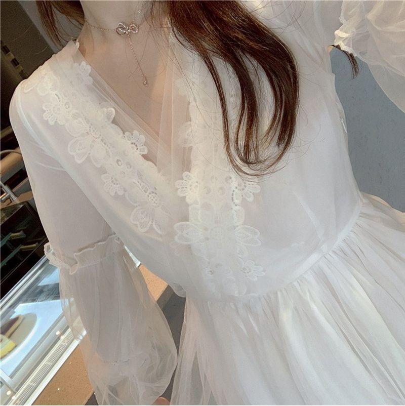 Sannian French Personality Dress Summer Retro Mesh V-neck Lace Clothes China Long Pleated Dresses Preppy Style Casual