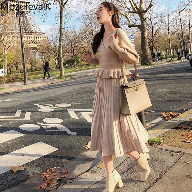 Two Piece Dress High Quality Arrival Winter Women Long Sleeve V Neck Ruflles Knitted Sweater Skirt Suits + Pleated Elastic Waist, Picture color3
Two Piece Dress High Quality Arrival Winter Women Long Sleeve V Neck Ruflles Knitted Sweater Skirt Suits + Pleated Elastic Waist, Picture color3