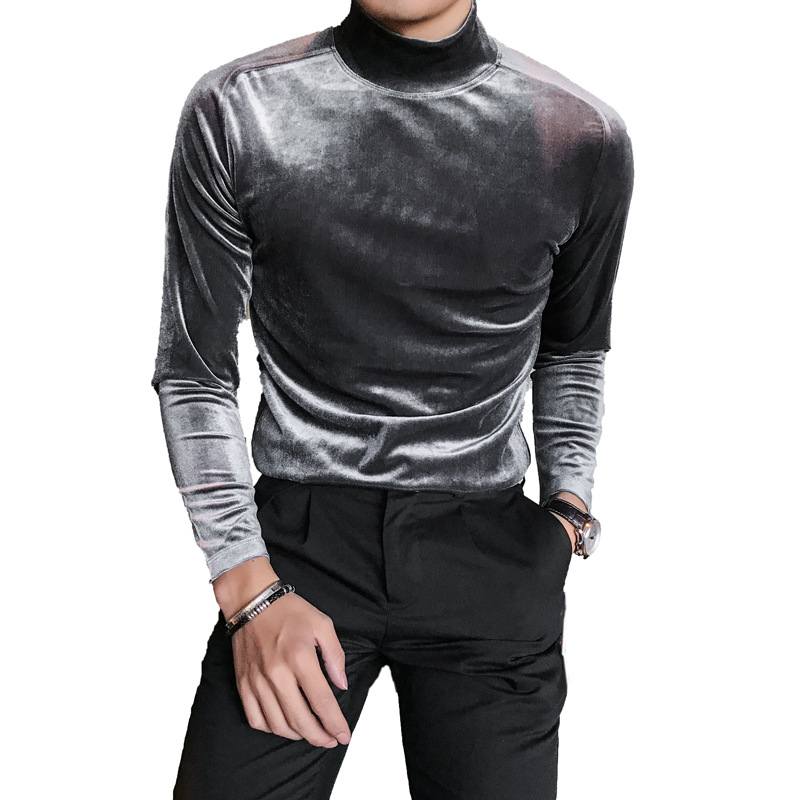 

Autumn Long Sleeve T Shirts Men Fashion Men Clothes Velvet Stretched Turtleneck Slim Fit All Match Solid T-Shirts, Black