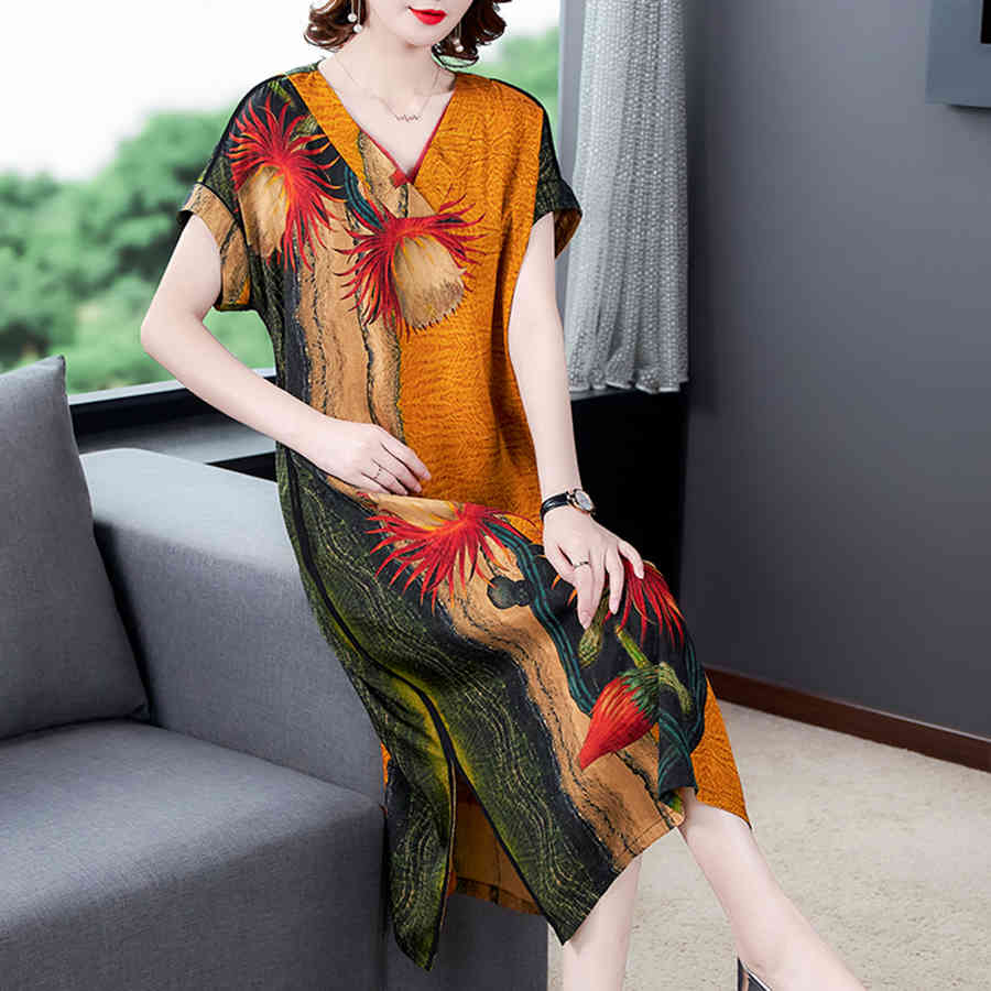 Summer High Quality Mulberry Silk Dress Fashion Vintage Print 4XL Plus Size Runway Midi Dress Elegant Women Bodycon Vestido 210331