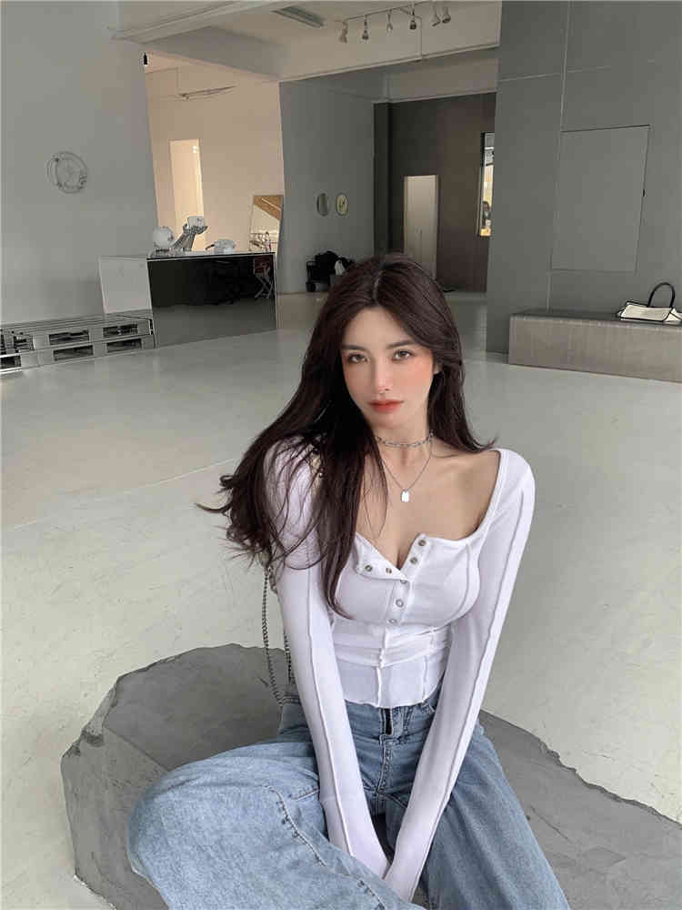 2Color Spring Square collar Sexy Long sleeve t-shirts womens tee shirt femme women Slim Cropped tops (R99566) 210423