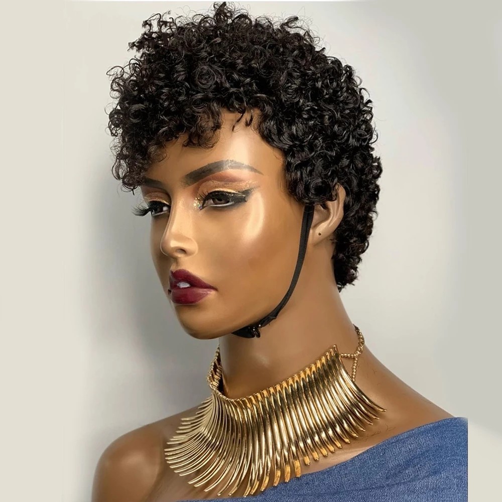 Short Curly Bob Wigs Black Color Brazilian Pixie Cut Short Human Hair Wigs Non Lace Front Wig Machine Made For Women