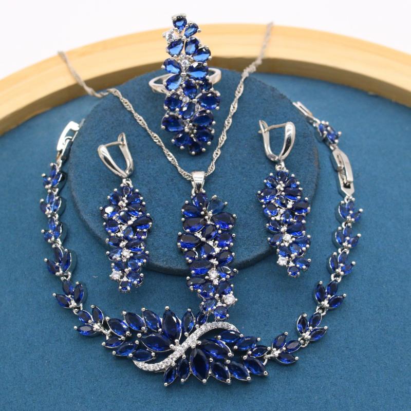 Earrings & Necklace Luxury Blue Stones Silver Color Jewelry Sets For Women Bridal Bracelet Pendant Ring Gift Box 2021
Earrings & Necklace Luxury Blue Stones Silver Color Jewelry Sets For Women Bridal Bracelet Pendant Ring Gift Box 2021