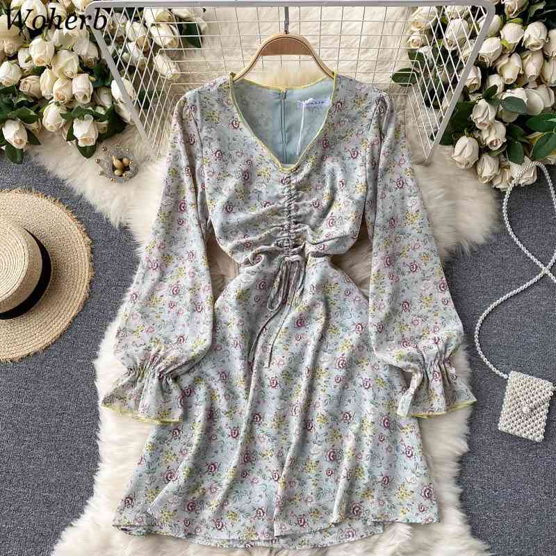 Floral Dress Woman Spring Robe Drawstring Pleated Slim Vestidos Mujer V-neck Sweet Vintage Dresses Women Clothing 210422