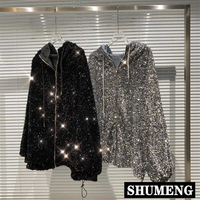 Autumn Winter Sequined Shiny Hooded Drawstring Long Sleeve Zip Jacket Fashion Streetwear Women Coat Loose Hoodies 211109, Black
Autumn Winter Sequined Shiny Hooded Drawstring Long Sleeve Zip Jacket Fashion Streetwear Women Coat Loose Hoodies 211109, Black