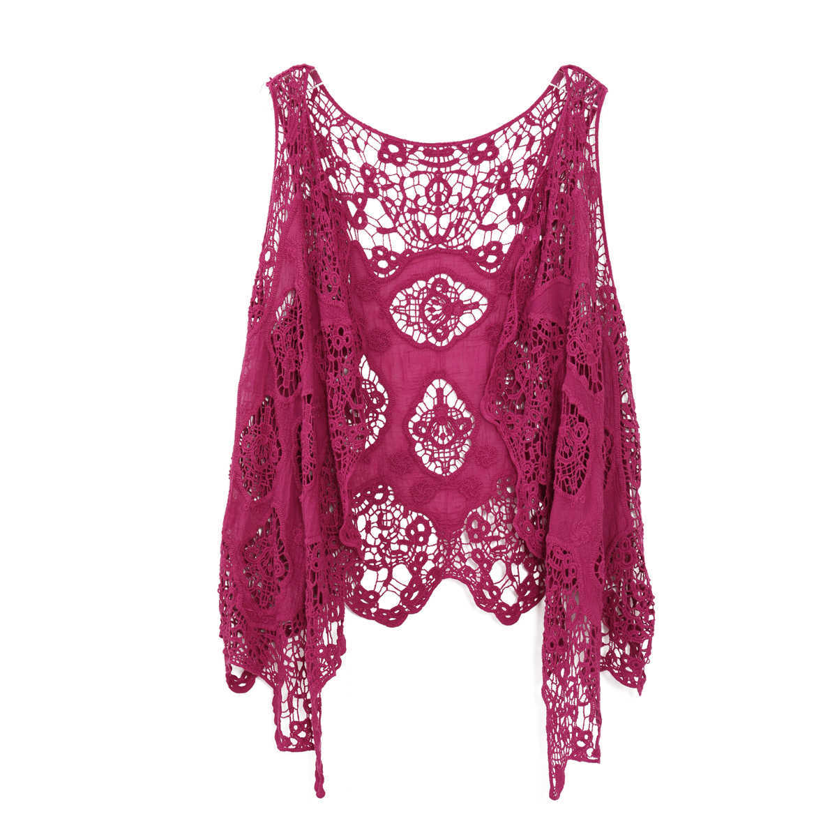 Jastie Summer Beach Cover Up Top Cardigain Hippie Froral Patchwork Lace Vest Retro Vintage Crochet Asymmetric Open Stitch Kimono 210819