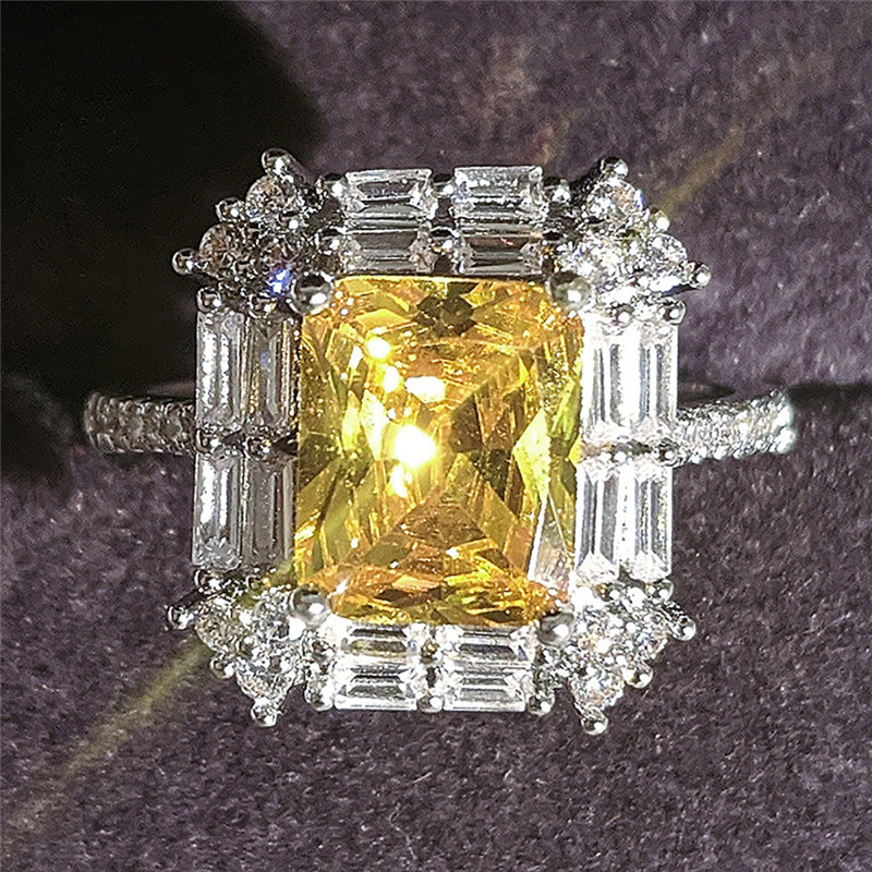 2022 Ins Top Sell Wedding Rings Luxury Jewelry 925 Sterling Silver Princess Cut Yellow Topaz CZ Diamond Gemstones Eternity Women Engagement Band Ring 