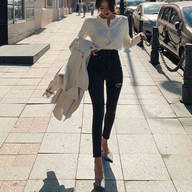 Fall High Waist Skinny Jeans Women Female Denim Stretch Pants Femme Streetwear Ripped Holes Pencil 10398 210518