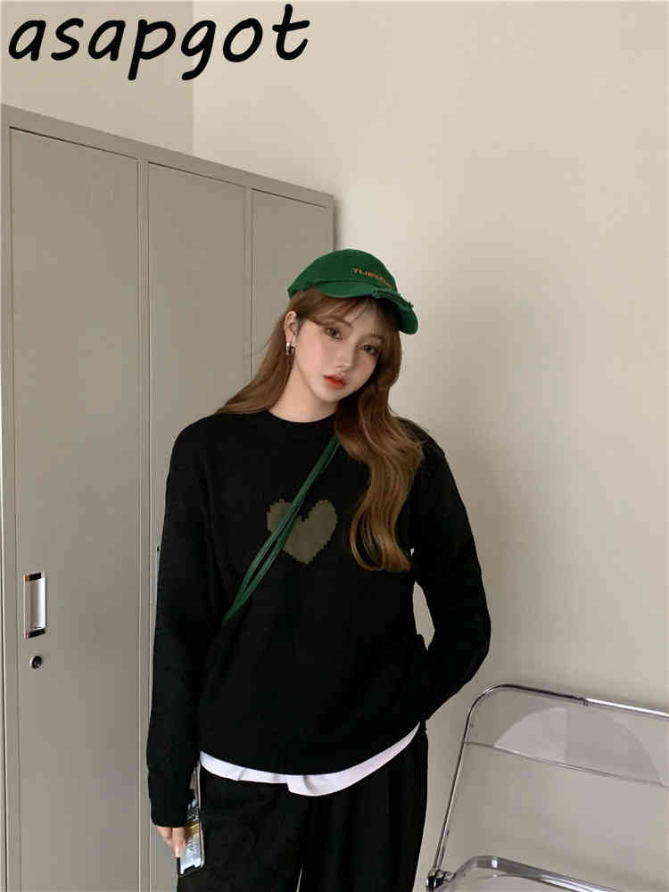 Black Bow Pullovers Knitted Sweater Women Casual Vintage O Neck Long Sleeve Loose Mid-length Print Love Heart Knitwear Tops Pull 210429