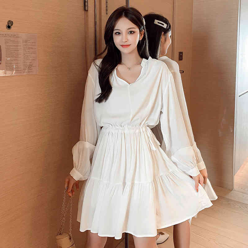 White Long Sleeve Mini DressTemperament Simple Drawstring V-neck High Waist Dresses Autumn Korean Women Dress 11421 210427