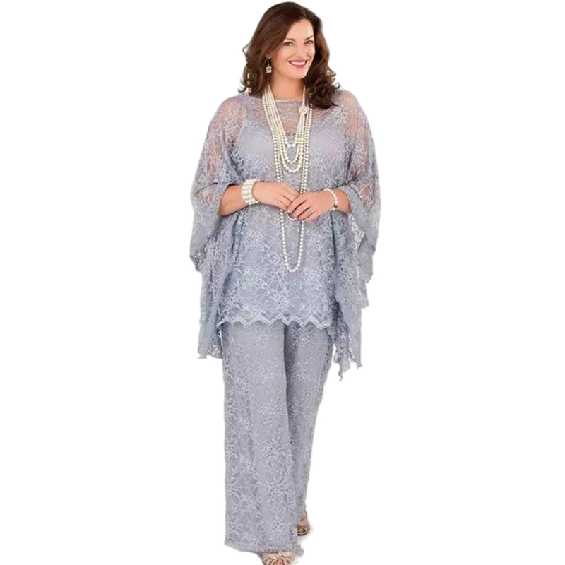 Elegant Full Lace Mother Of The Bride Pants Suits Flare Long Sleeve Plus Size Wedding Party Gowns Pantsuits Set For Woman Silver Groom Mother's P