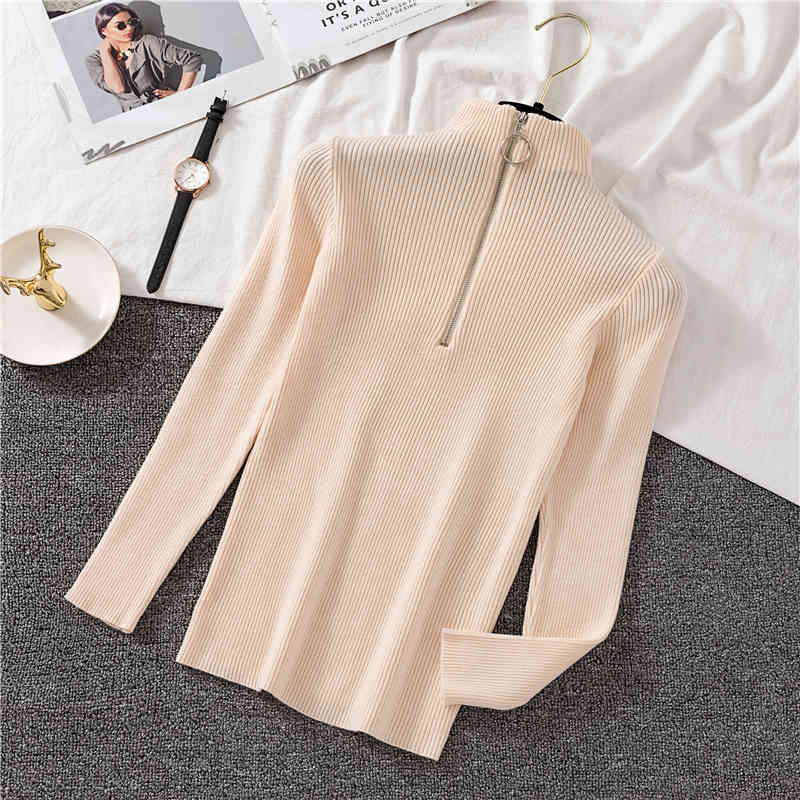 Autumn Winter Basic Knitted Sweater Women Zipper Patch Half Turtleneck Slim Pullover Jumper Korean Modis Pull Femme 210519