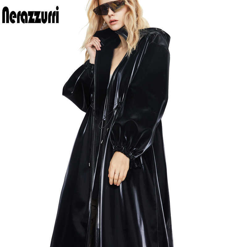 Nerazzurri Long black warm oversized shiny patent leather trench coat for women long sleeve Zip up fall fashion Windbreaker 210909
