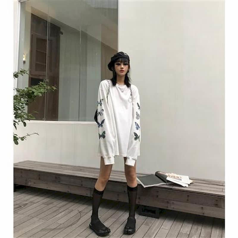 woman tshirts Long-sleeved T-shirt women autumn new Harajuku style bf style butterfly print Korean student loose ins top 210406
