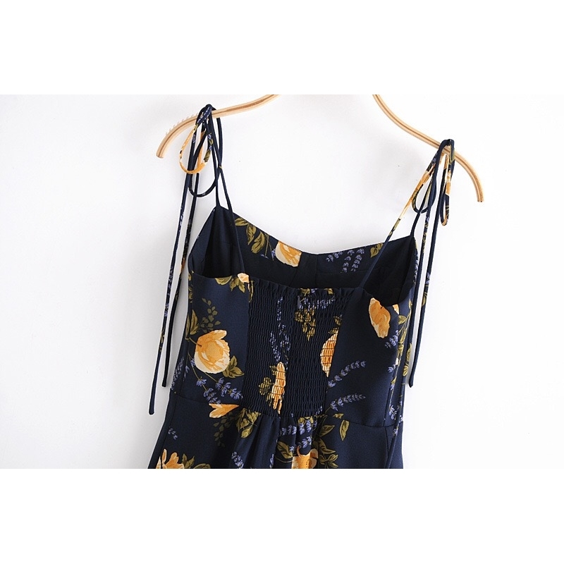 French Summer Navy Blue Floral Print Bandage Spaghetti Strap Midi Dress Retro Sexy Women Lacing Up Sling Slit Vestido 210429