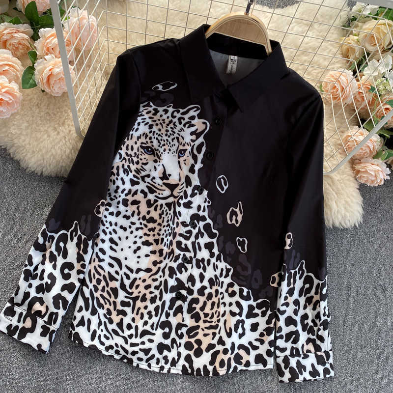 Women's Blouse Spring Summer Long Sleeve Leopard Print Shirt Lapel Collar Single Breasted Casual Tops 210603