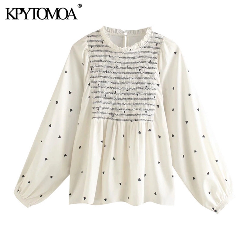 Women Sweet Fashion Hearts Print Smocked Elastic Blouses Lantern Sleeve O Neck Female Shirts Chic Tops 210420