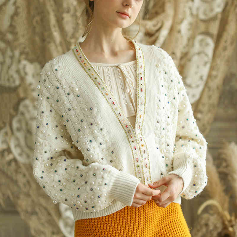 Female Runway Sweater Elegant Knitted Coat Autumn Winter Clothes Loose Pearl Beading Casual Cardigans Women Tops C-036 210522