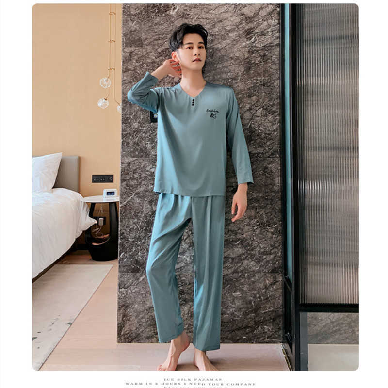 men's ice silk pajamas suit men's long-sleeved thin pajamas men's sleeping lounge home wear soft and comfortable pajamas 211019