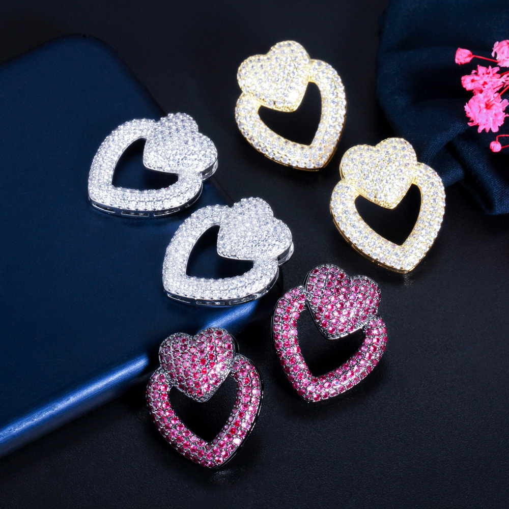 Sterg Sier Heart Stud Earrings for Women - Gold Fill, 5A Cubic Zirconia, Wedding, Party, Lover's Gift