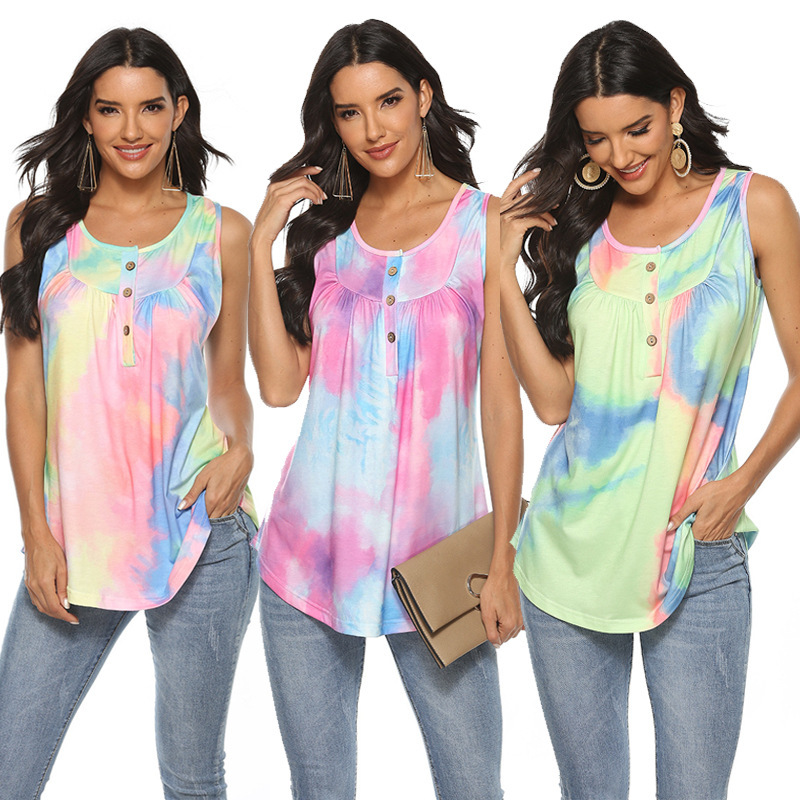 2021 women's v-neck button gradual tie dye loose svels t-shirt, White