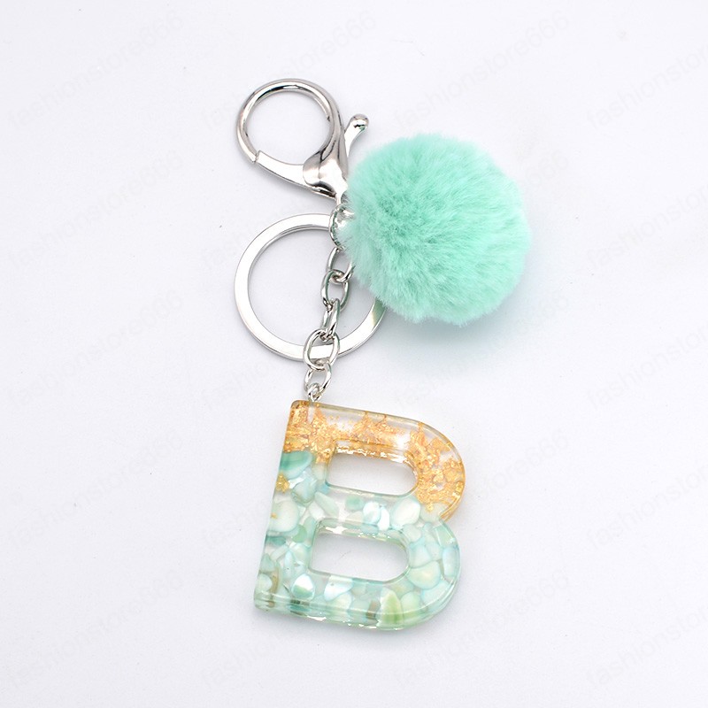 Blue Pompom Letter Keychain English Words Keyring with Fur Ball Glitter Gradient Color Resin Crafts Handbag Charms