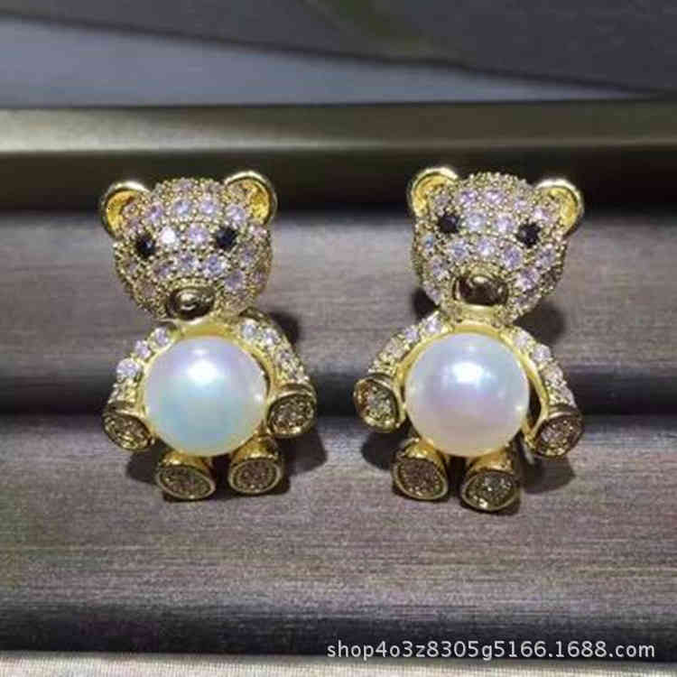 Brooch Diy Accessories Thick Gold-plated Micro Inlaid Zircon Bear Pearl Korean Fashion Empty Holder