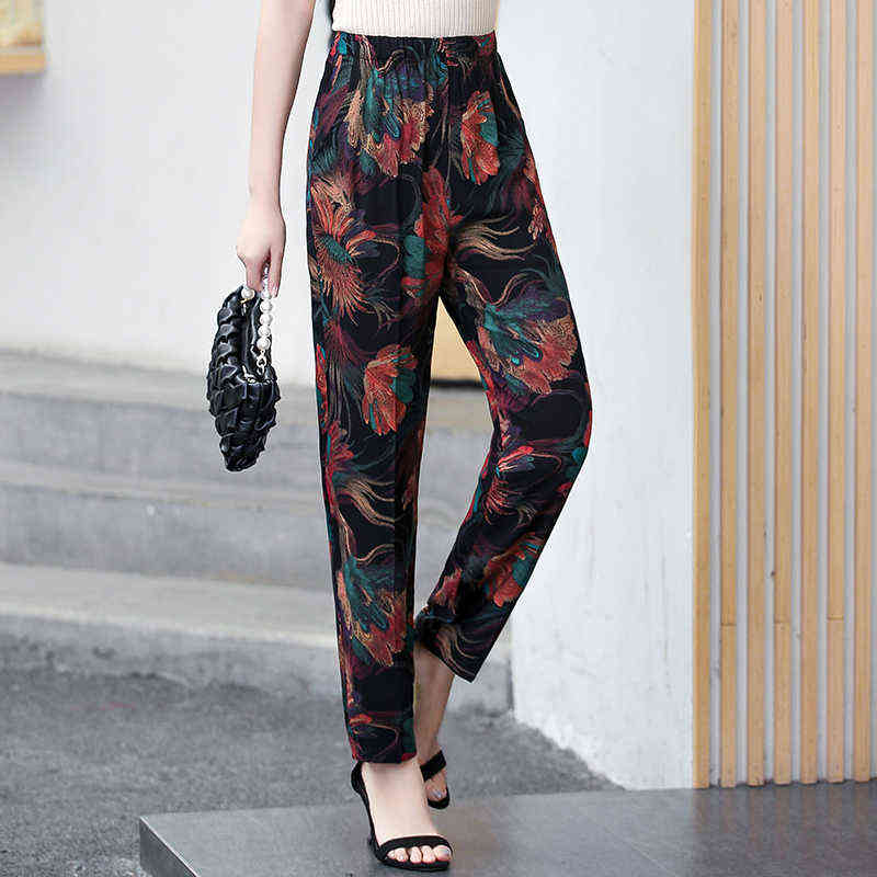 Women Harem Pants Summer Print Beach Pencil Casual Plaid High Waist Ankle-Length Trousers 211115