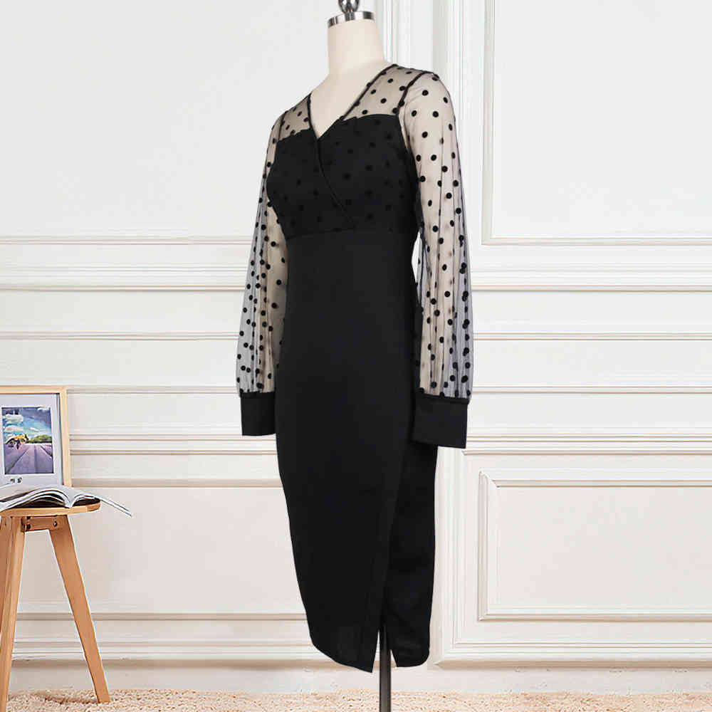 Women Sheer Long Sleeves Polka Dot Bodycon Dress Office Ladies Slim See Through Women Vestido African Modest Celebrate Occassion 210409