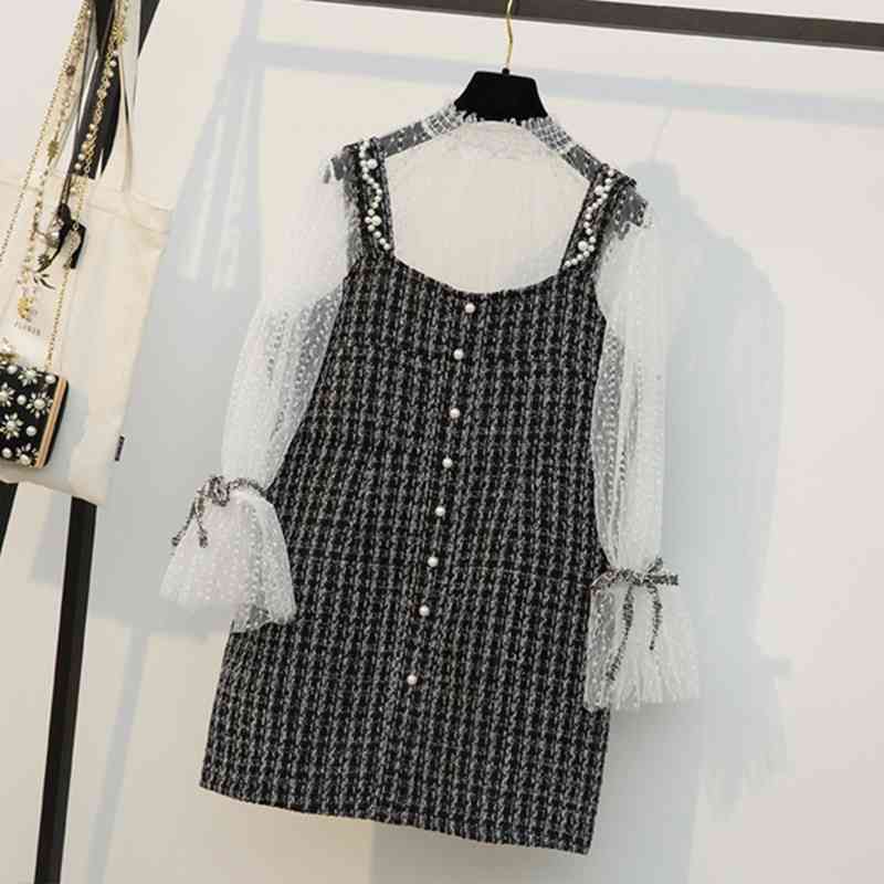 Tweed Dress 2 Piece Set Sexy See Though Dot Flare Sleeve Bow Shirt and Beading Black Elegant Ladies Outfits 210525
Tweed Dress 2 Piece Set Sexy See Though Dot Flare Sleeve Bow Shirt and Beading Black Elegant Ladies Outfits 210525
