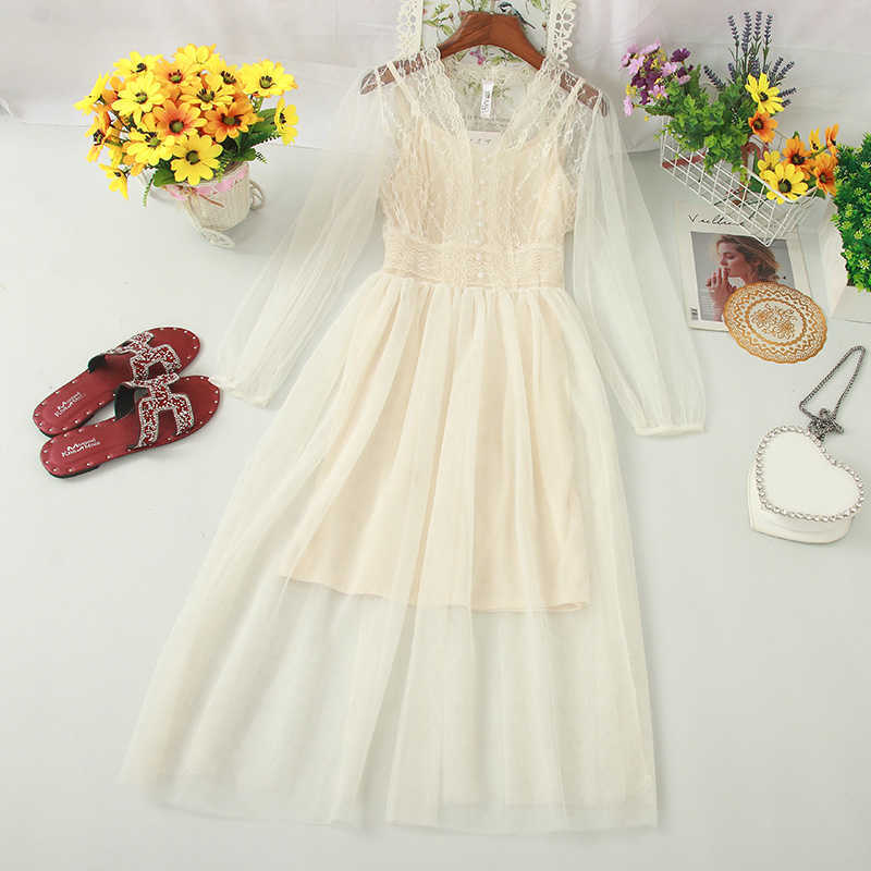 LY VAREY LIN Summer Sweet Puff Sleeve Netting Dress Solid A Line High Waist Medium 210526