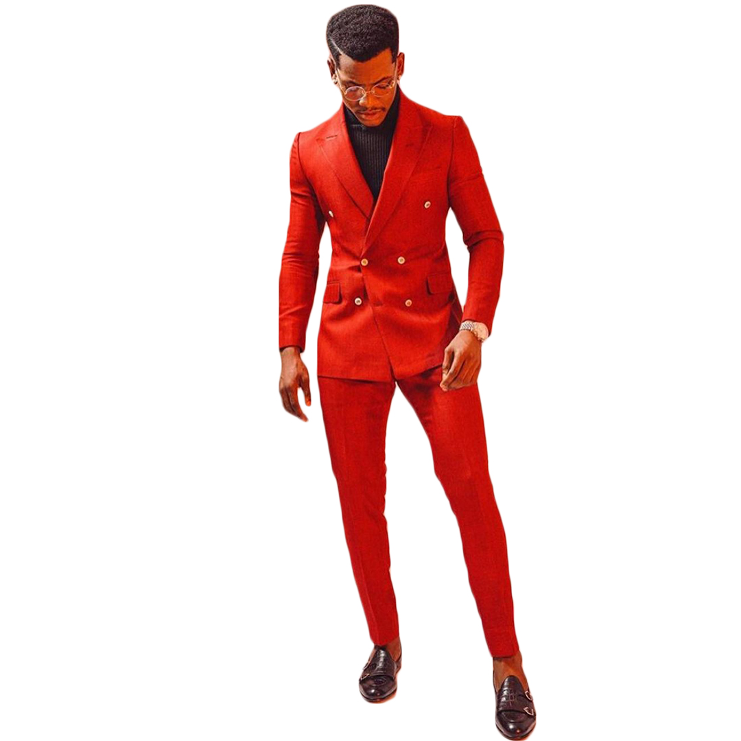 Red Double Breasted Mens Customized Wedding Tuxedos Plus Size Men Wear Dinner Prom Party Blazer Suits (Jacket+Pants)