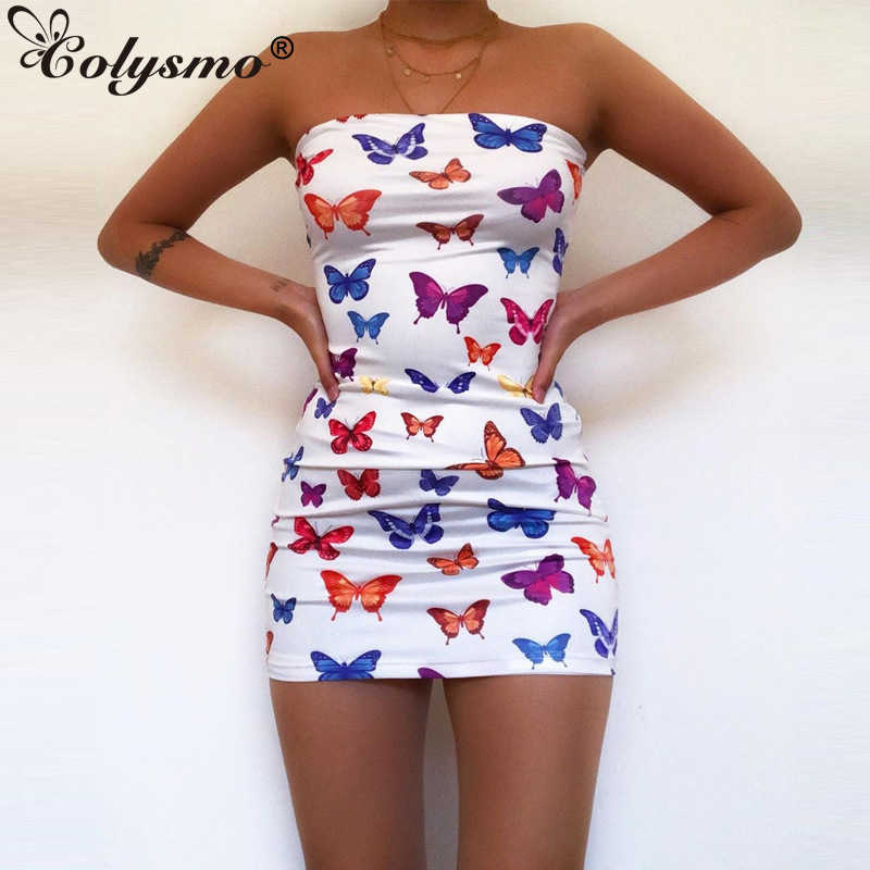 Colysmo Butterfly Printed Dress Women Strapless Bodycon Sexy Mini Party Club Wear Summer Fashion Streetwear 210527, Print 
Colysmo Butterfly Printed Dress Women Strapless Bodycon Sexy Mini Party Club Wear Summer Fashion Streetwear 210527, Print